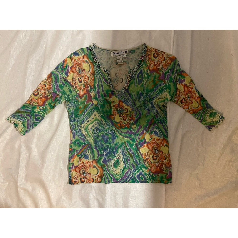 Joseph A. Silk Top Green & Orange Paris London Abstract Art To Wear Lagenlook XL